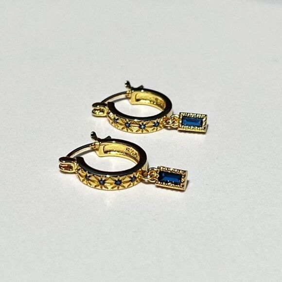 New! “Gisele” Dainty Navy Blue Drop Hoop Earrings - Picture 1 of 6